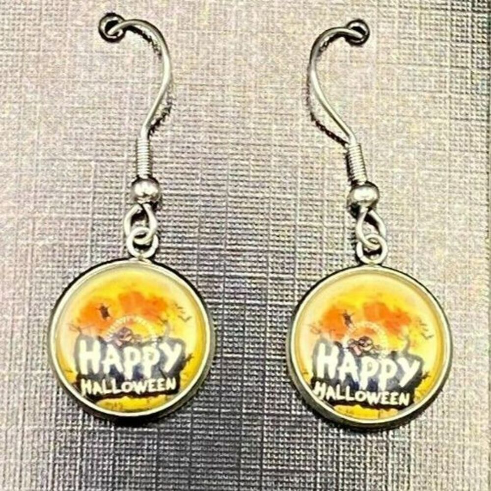 Happy Halloween Earrings Festive Graveyard Scene Design